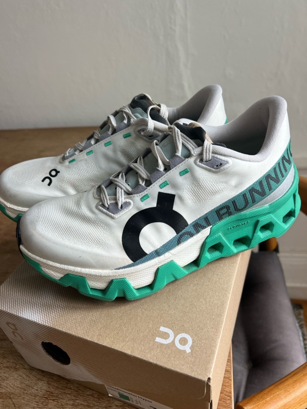 On Running Cloudmonster Hyper in White and Mint Green